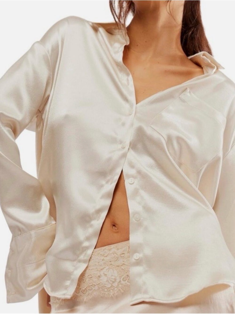 Free People Champagne shoot for the moon Satin Button-Down Shirt Sz M EUC